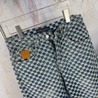 Louis Vuitton check denim pants, front close-up with buttons and topstitching