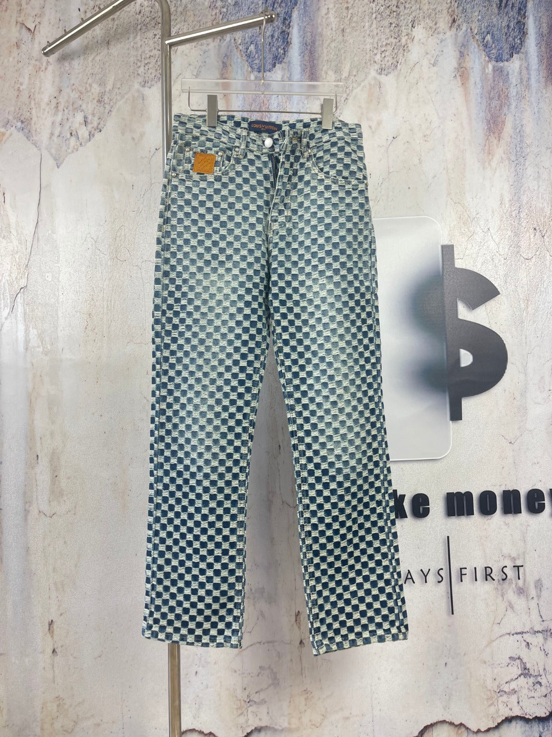 Louis Vuitton check pants in blue and white, straight legs, button closure