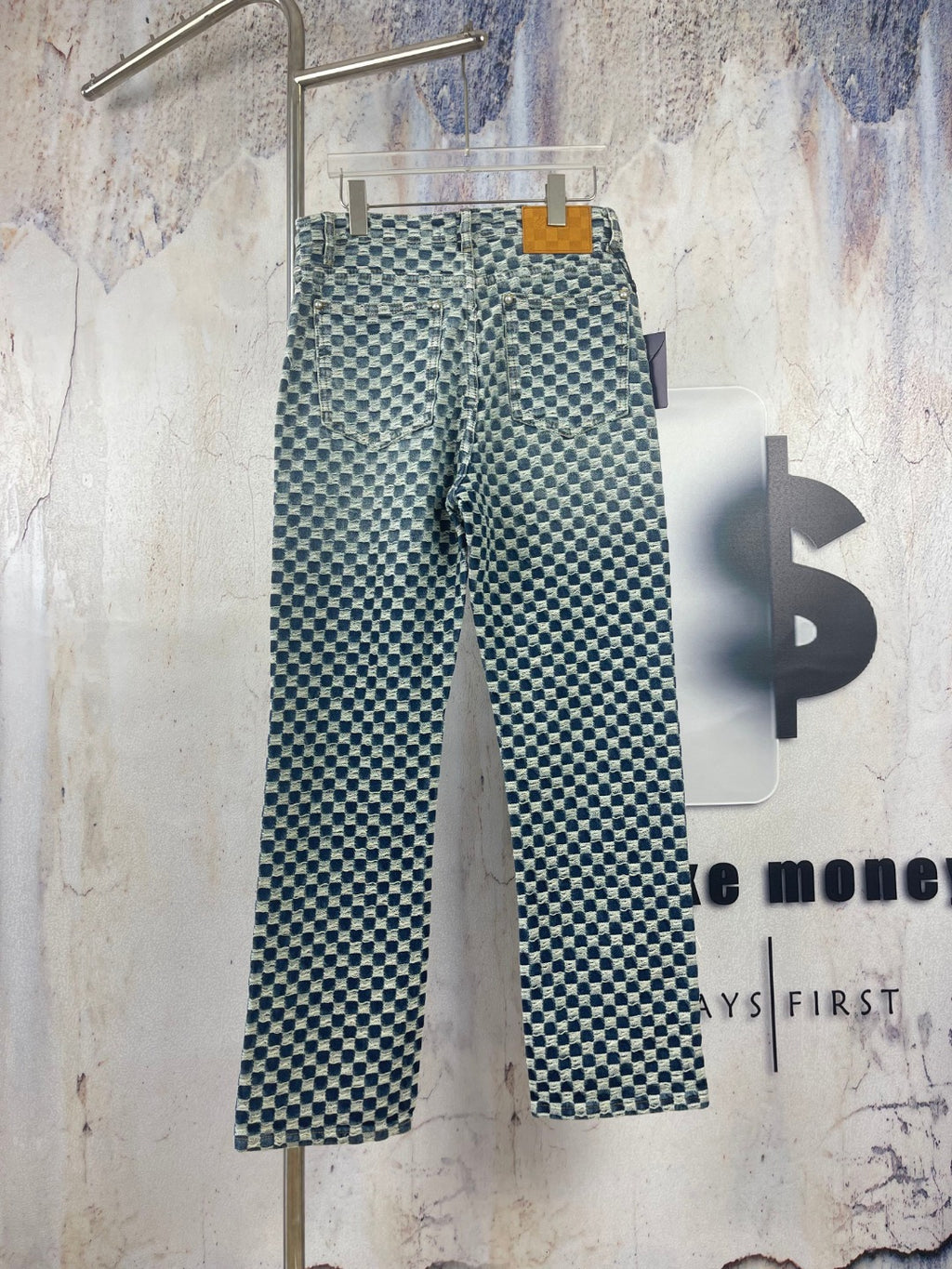 Louis Vuitton check pants in blue and white, waistband view with belt loops