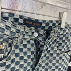 Louis Vuitton check denim pants, waistband with LV label and snap buttons
