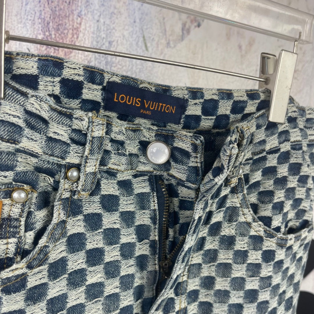 Louis Vuitton check denim pants, waistband with LV label and snap buttons