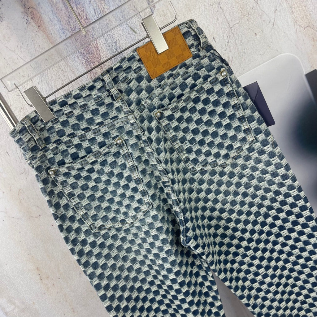Louis Vuitton check denim pants, full front view with fly and belt loops