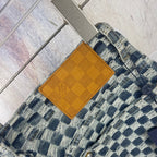 Louis Vuitton check denim pants, leather logo patch on waistband with pearl button