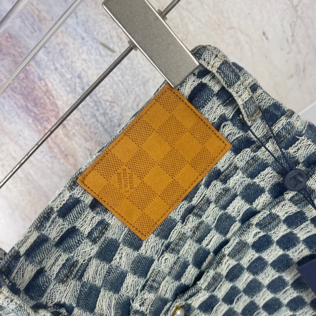 Louis Vuitton check denim pants, leather logo patch on waistband with pearl button