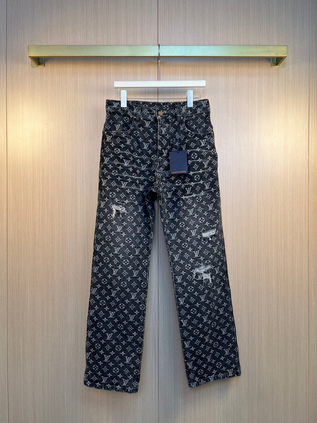 Louis Vuitton pants in dark denim with all-over monogram print, front zipper fly
