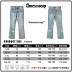 Light blue denim jeans with light blue lightning patches, front and back views