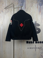 Black long-sleeve denim jacket back view with red heart graphic and rhinestones