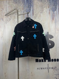 Black long-sleeve denim jacket with blue cross patches and rhinestone trim