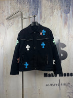 Black long-sleeve denim jacket with blue cross patches and rhinestone trim