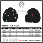Black denim jacket size chart with front and back views and garment measurements