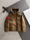 Moncler long puffer jacket with attached hood, front button closure, tan