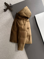 Moncler long puffer jacket back view with attached hood, tan