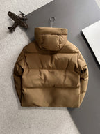 Moncler long puffer jacket back with attached hood, tan padded fabric