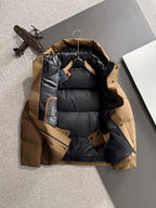 Moncler long puffer jacket open front showing black lining and hood