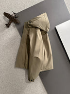 Fendi long hooded parka in light tan with adjustable hood and front closure