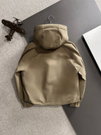 Fendi hooded long parka in light tan with gathered hood and curved back