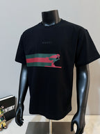 Black Gucci T-shirt with red and green graphic stripe, crew neck, short sleeves
