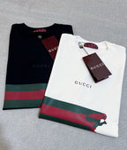 Black and white Gucci T-shirts with red and green graphic stripe, crew neck