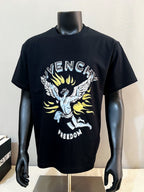 Givenchy black T-shirt front with large freedom angel and flame print