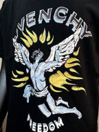 Givenchy black T-shirt close-up of flame angel graphic and GIVENCHY text