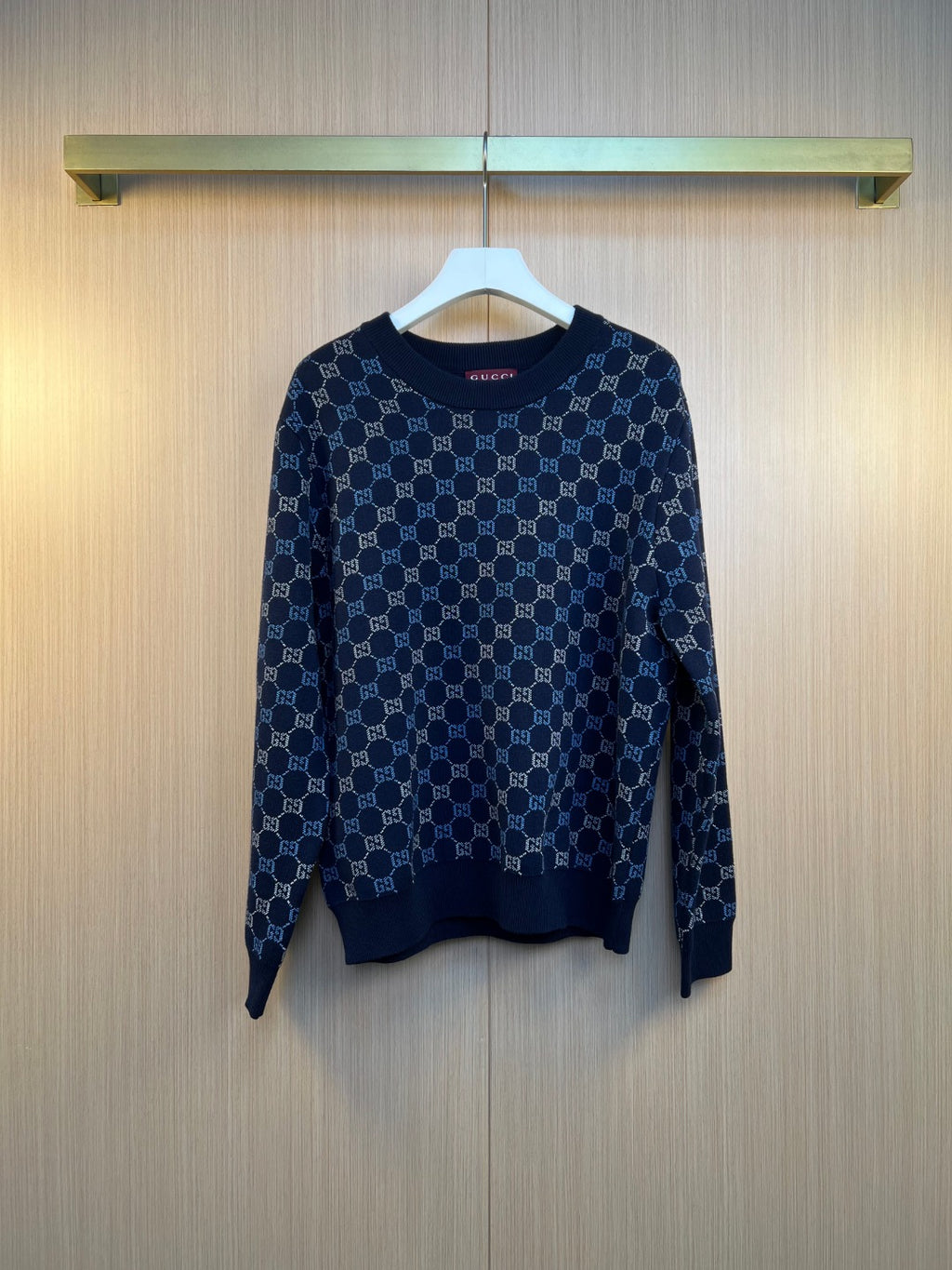 Dark blue Gucci knit sweater, allover GG monogram, crew neck, long sleeves