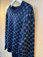 Dark blue Gucci knit sweater with allover GG monogram pattern, long sleeves