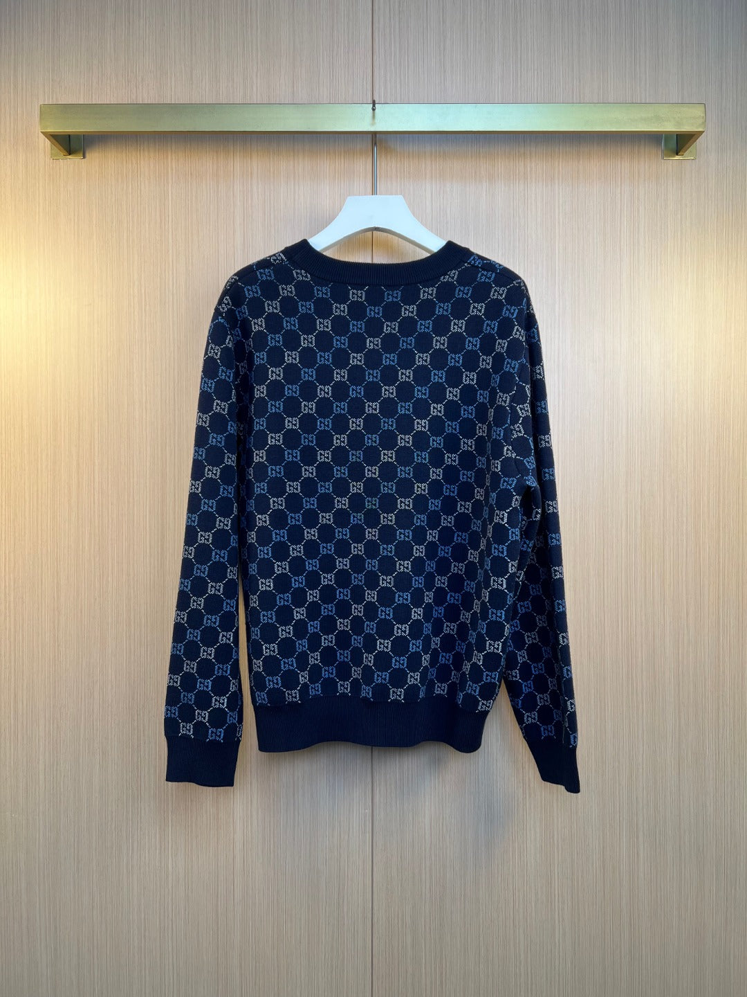 Dark blue Gucci knit sweater, allover GG monogram, crew neck