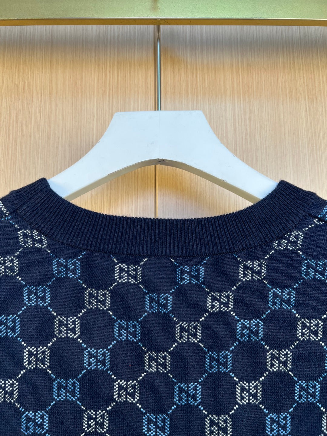 Dark blue Gucci knit sweater ribbed crew neck with GG monogram pattern