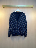 Gucci knit cardigan with navy GG monogram pattern, button-front V-neck