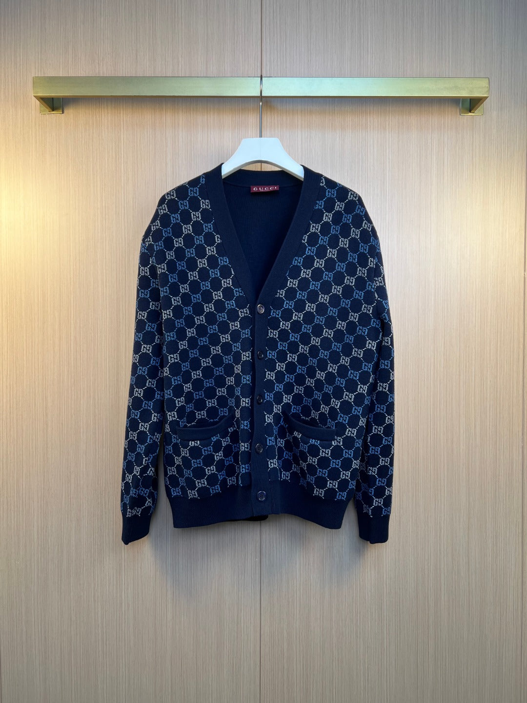 Gucci knit cardigan with navy GG monogram pattern, button-front V-neck