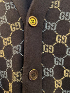 Gucci knit cardigan button placket close-up with GG monogram pattern