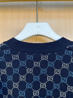 Gucci knit cardigan ribbed collar with navy GG monogram pattern knit
