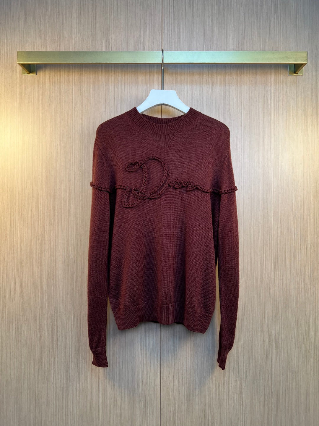 Burgundy knit long-sleeve sweater with embroidered Dior-style script front