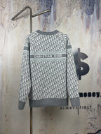 Long-sleeve crewneck sweater with Dior logo band across chest, gray patterned knit