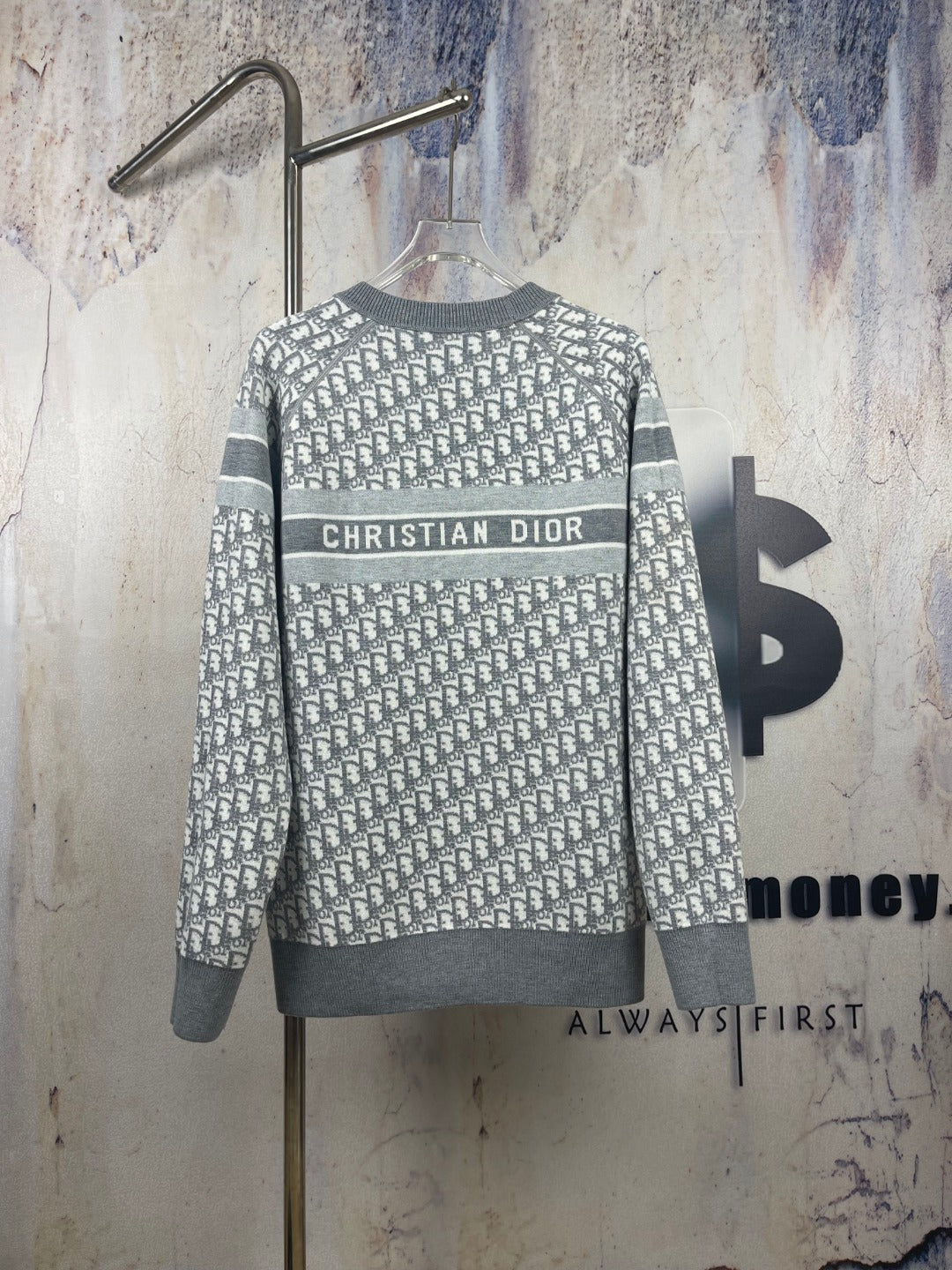 Long-sleeve crewneck sweater with Dior logo band across chest, gray patterned knit
