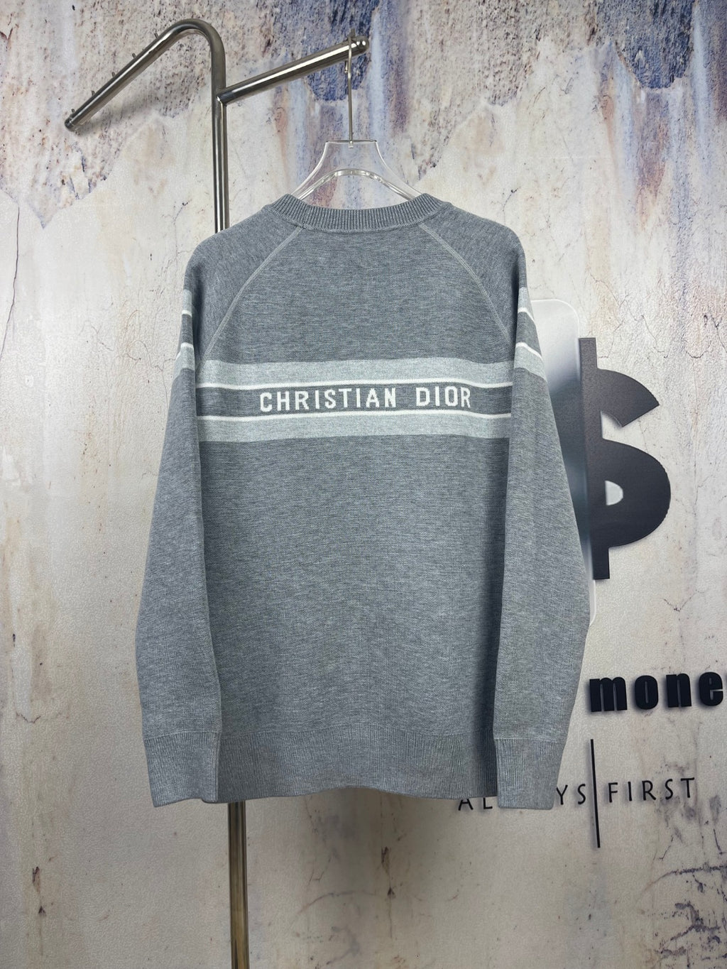 Long-sleeve crewneck sweater in gray with Dior logo band on back neck, striped detail