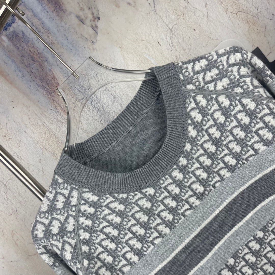 Crewneck sweater detail in gray knit with Dior monogram pattern panels and trim