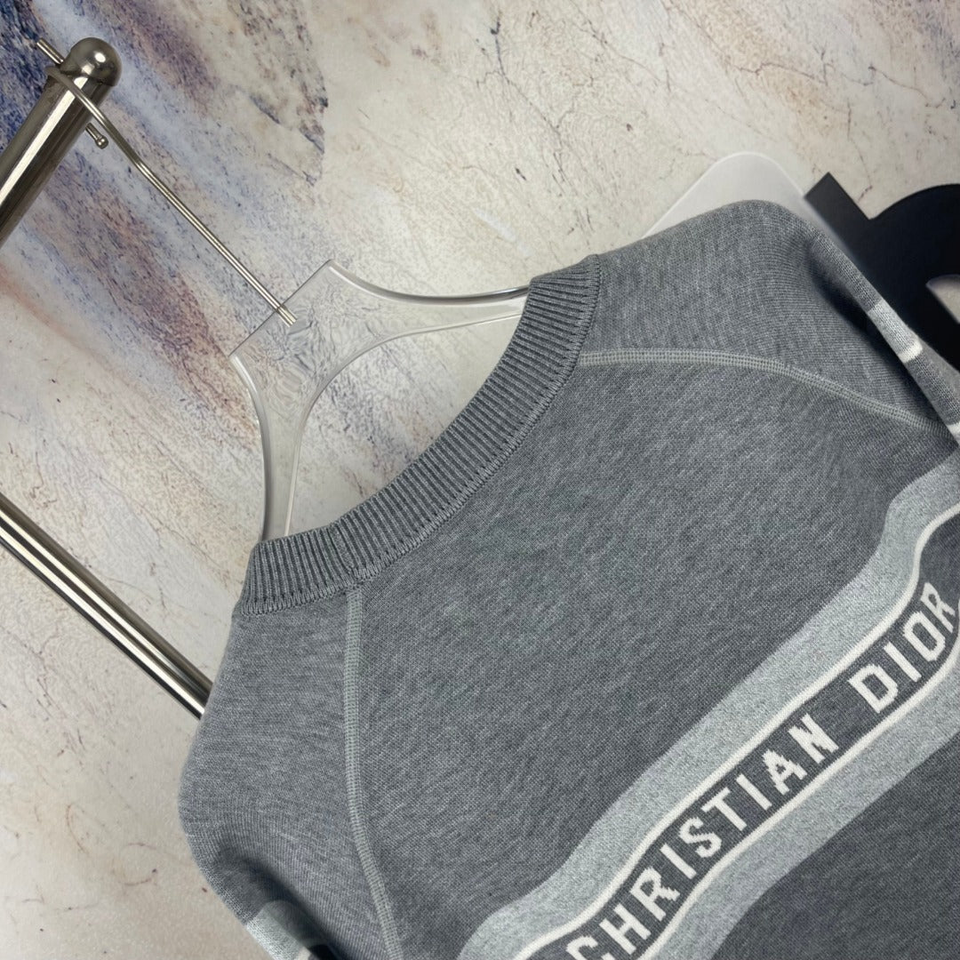 Long-sleeve gray crewneck sweater with Dior logo stripe along shoulder seam