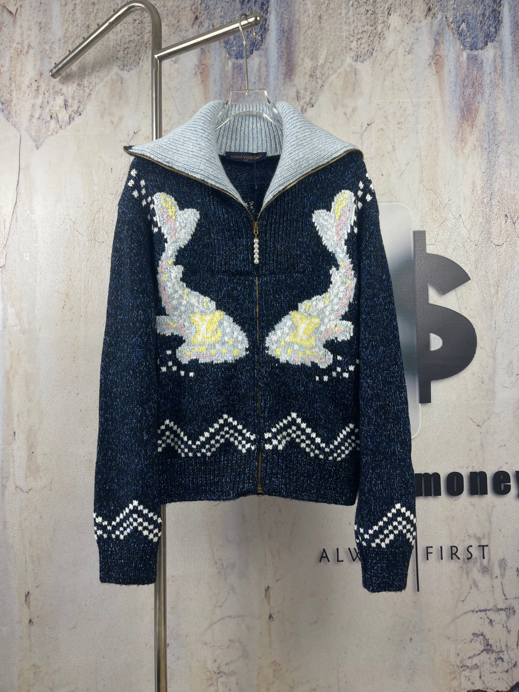 Louis Vuitton navy knit zip jacket with tall collar and white-and-yellow motif intarsia
