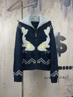 Louis Vuitton navy knit zip jacket with tall collar and white-and-yellow motif intarsia