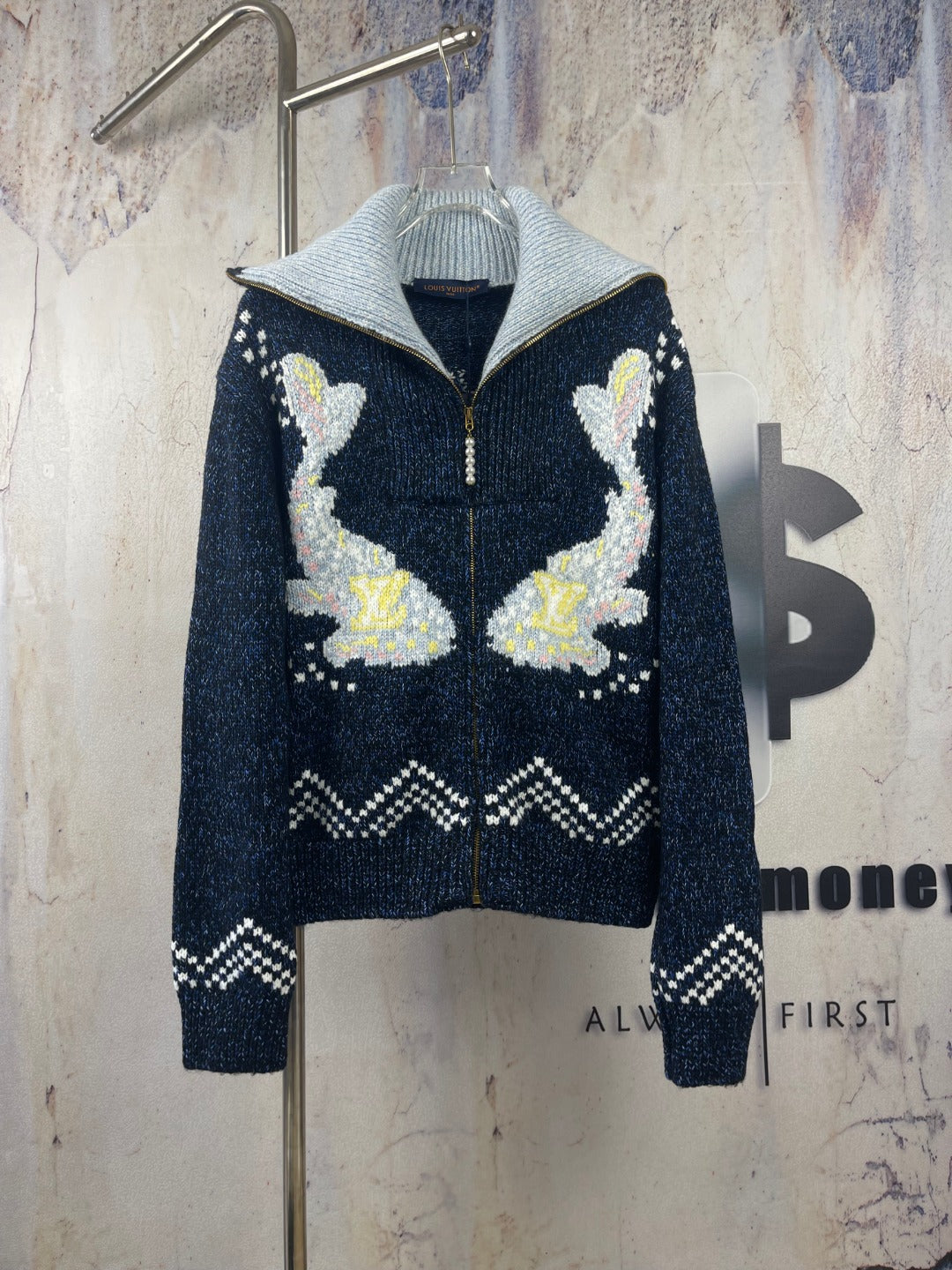 Louis Vuitton navy knit zip jacket with tall collar and white-and-yellow motif intarsia