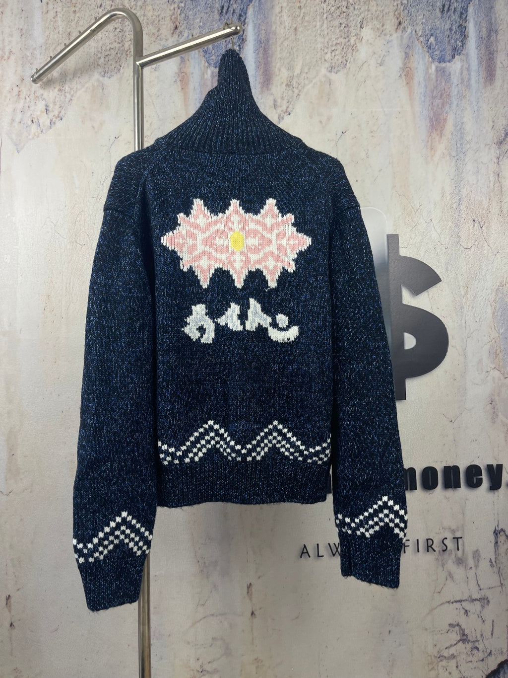 Louis Vuitton navy knit zip jacket with floral and zigzag intarsia on the back