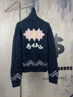 Louis Vuitton navy knit zip jacket with floral and zigzag intarsia on the back