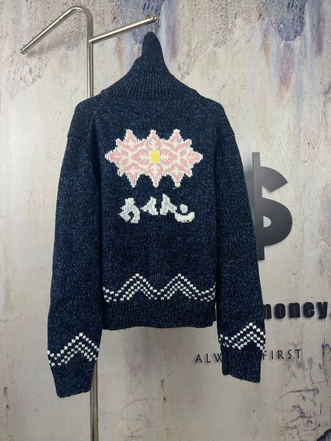 Louis Vuitton navy knit zip jacket with floral and zigzag intarsia on the back