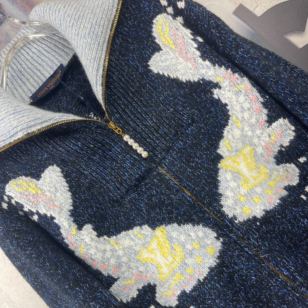 Louis Vuitton knit zip jacket close-up with white, yellow, and pink floral intarsia