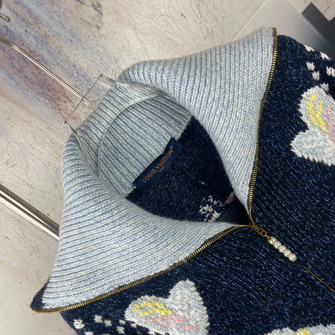 Louis Vuitton light gray and navy knit zip jacket with pearl-trim zip and heart intarsia