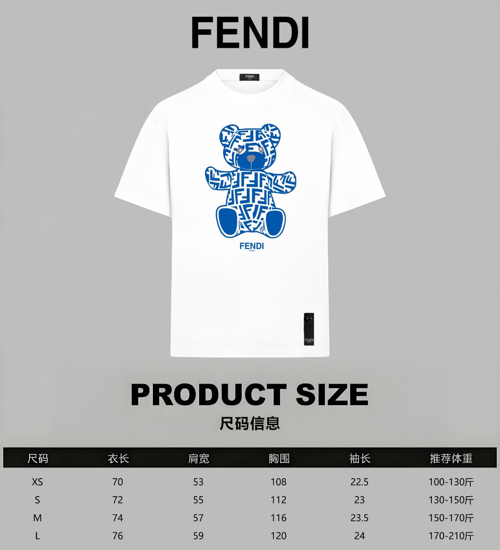 White T-shirt front with blue teddy graphic and small FENDI patch on hem