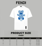 White T-shirt front with blue teddy graphic and small FENDI patch on hem