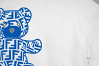 White T-shirt front detail of blue teddy graphic print