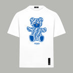 White T-shirt with blue FENDI teddy graphic on front, crew neck, short sleeves